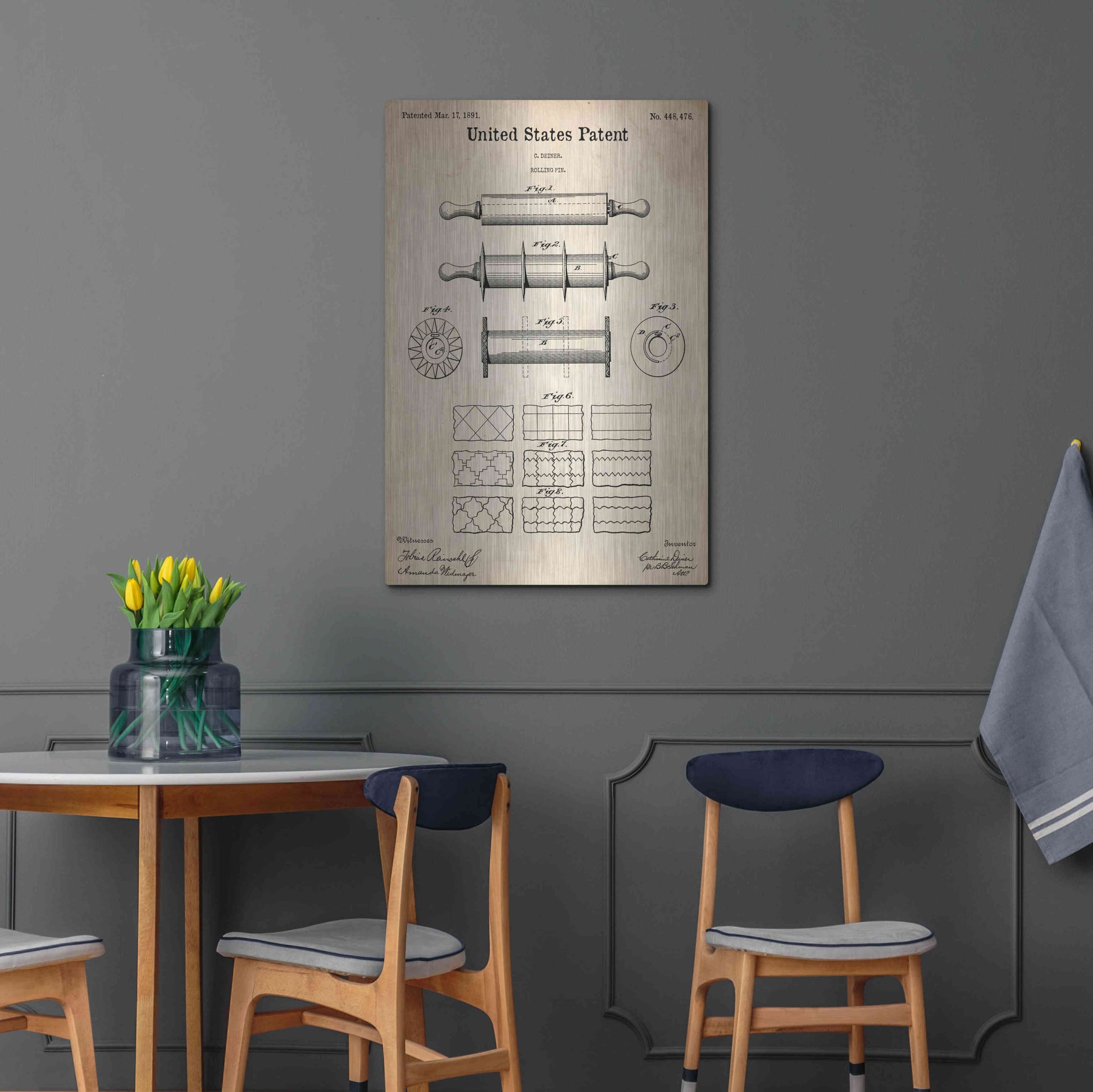 Luxe Metal Art 'Rolling Pin Blueprint Patent Parchment,' Metal Wall Art,24x36