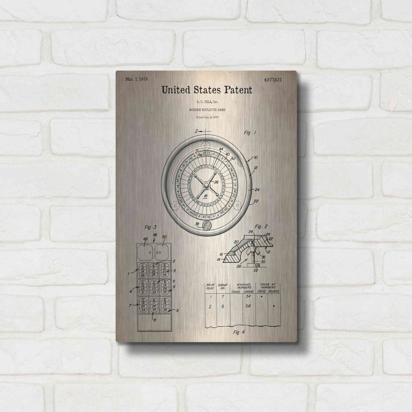 Luxe Metal Art 'Roulette Blueprint Patent Parchment,' Metal Wall Art,12x16