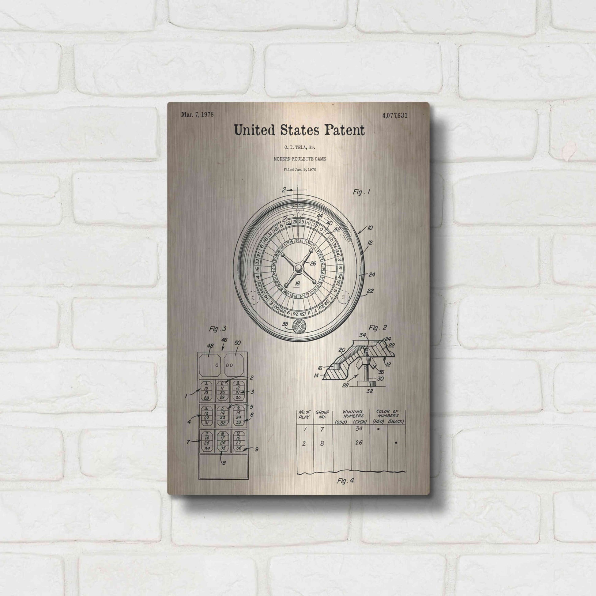 Luxe Metal Art 'Roulette Blueprint Patent Parchment,' Metal Wall Art,12x16