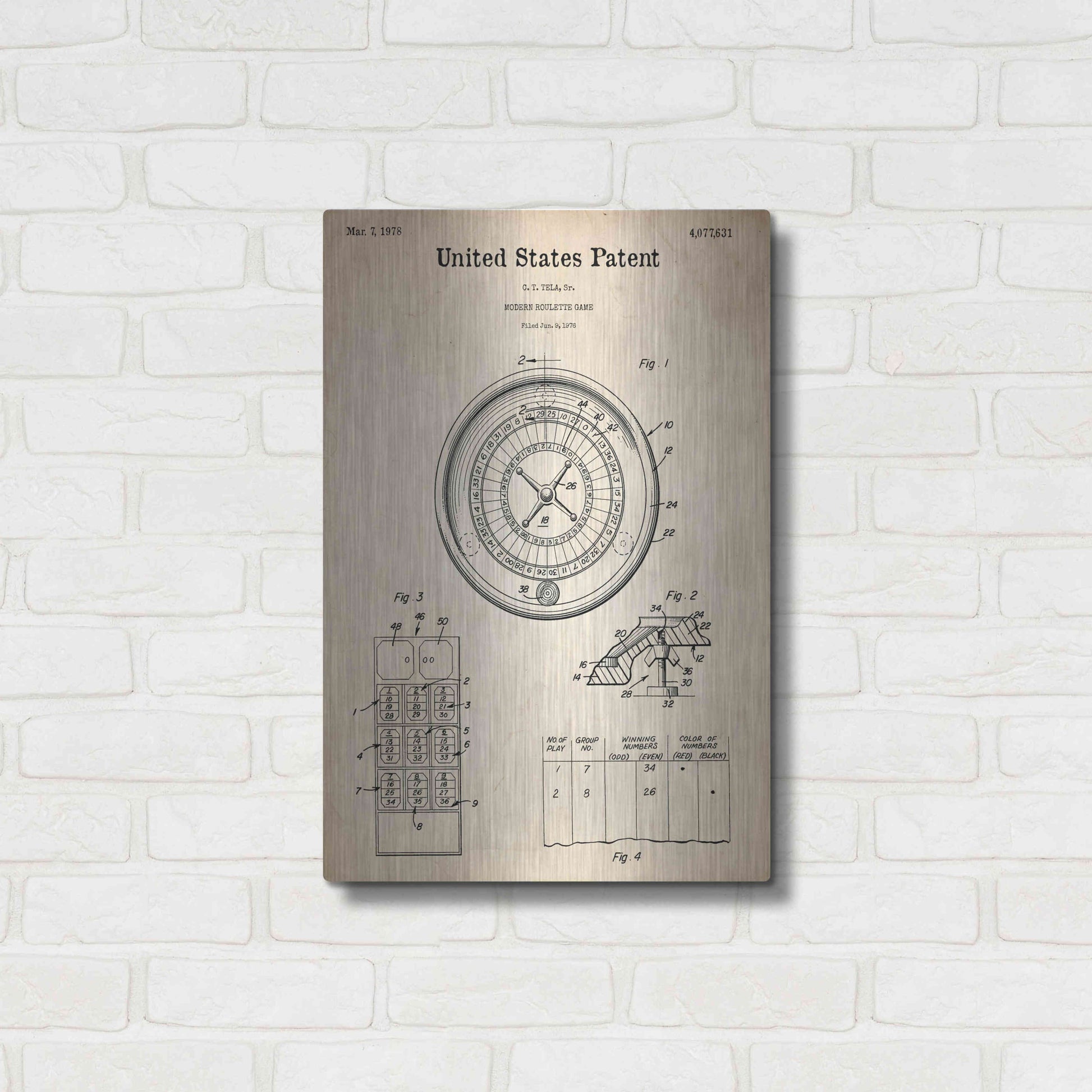 Luxe Metal Art 'Roulette Blueprint Patent Parchment,' Metal Wall Art,16x24