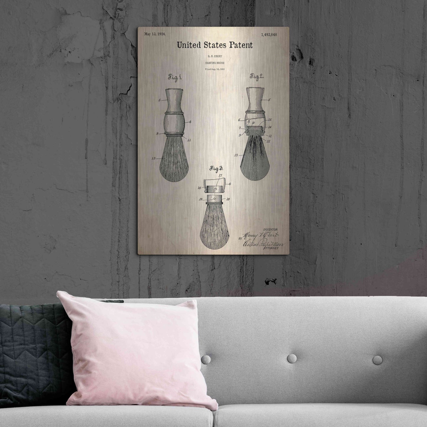 Luxe Metal Art 'Shaving Brush Blueprint Patent Parchment,' Metal Wall Art,24x36