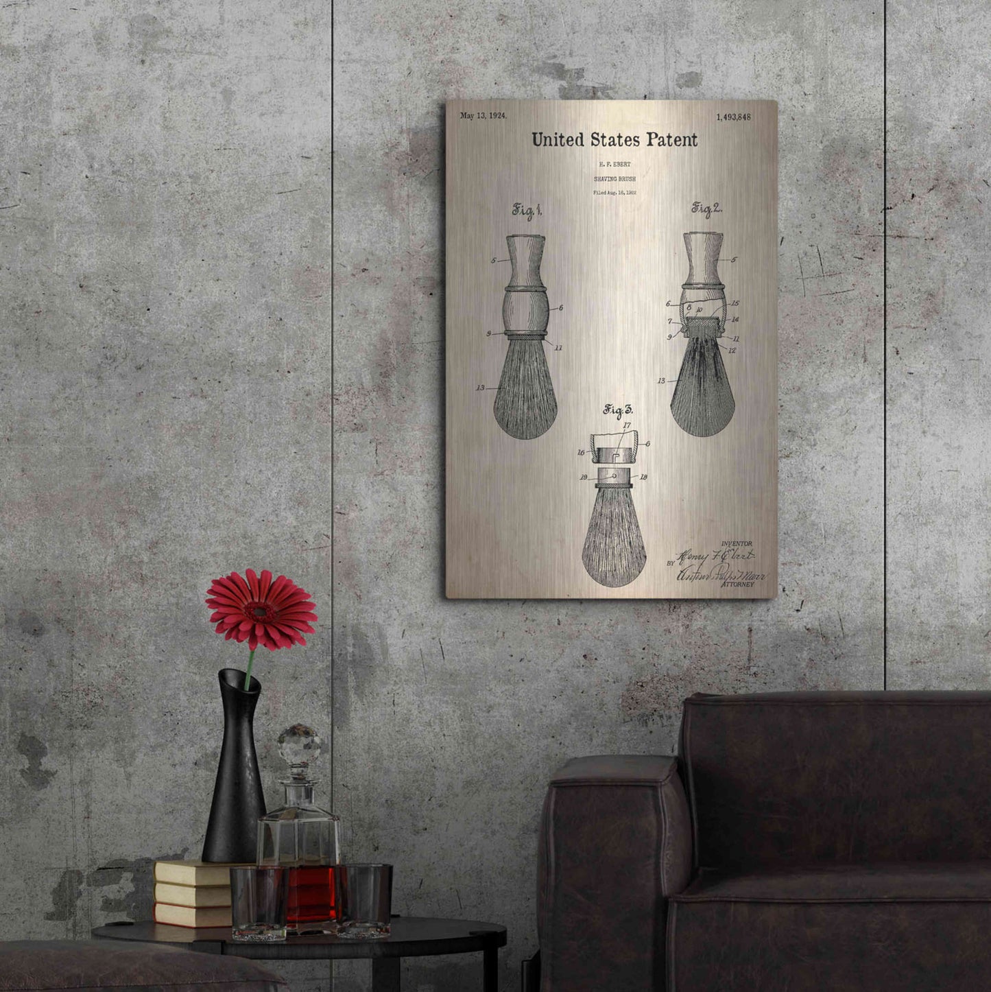 Luxe Metal Art 'Shaving Brush Blueprint Patent Parchment,' Metal Wall Art,24x36