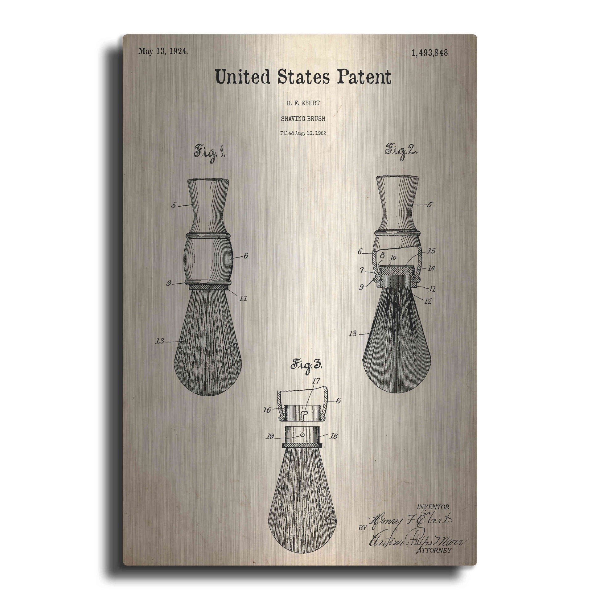 Luxe Metal Art 'Shaving Brush Blueprint Patent Parchment,' Metal Wall Art