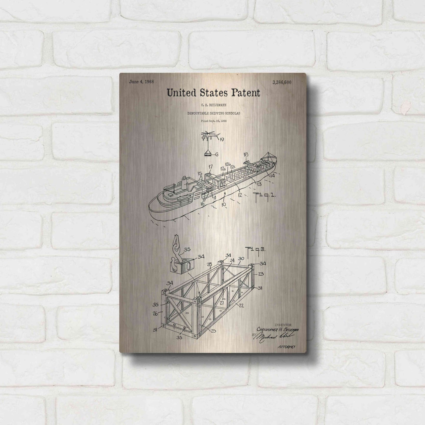 Luxe Metal Art 'Shipping Gondola Blueprint Patent Parchment,' Metal Wall Art,12x16