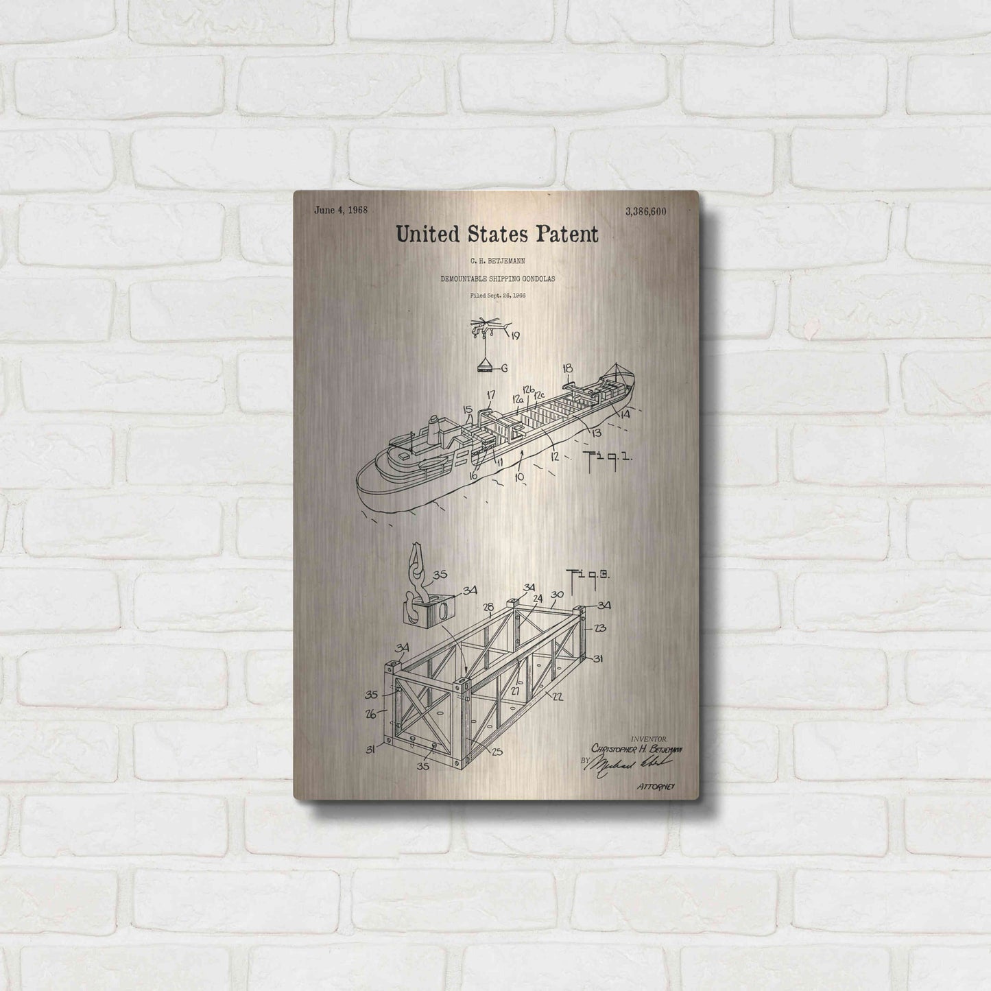 Luxe Metal Art 'Shipping Gondola Blueprint Patent Parchment,' Metal Wall Art,16x24