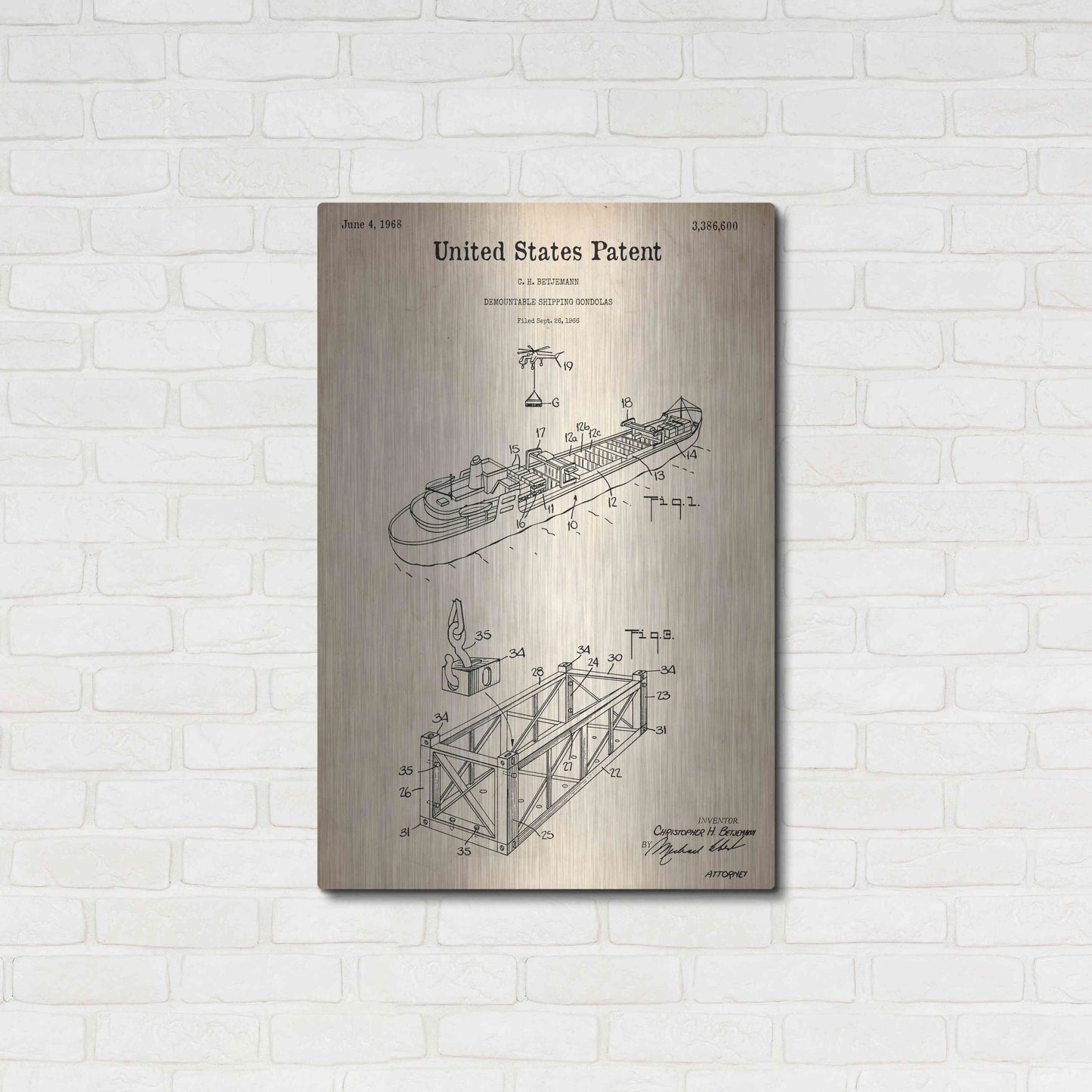 Luxe Metal Art 'Shipping Gondola Blueprint Patent Parchment,' Metal Wall Art,24x36