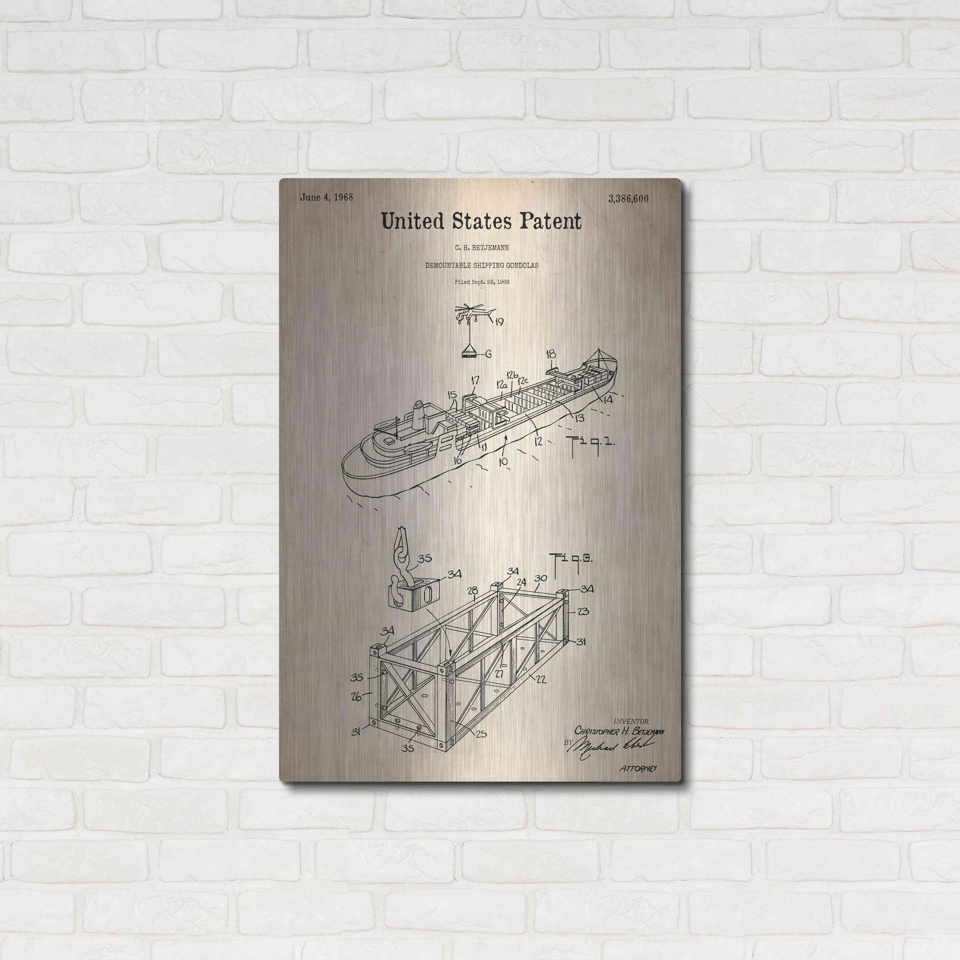 Luxe Metal Art 'Shipping Gondola Blueprint Patent Parchment,' Metal Wall Art,24x36