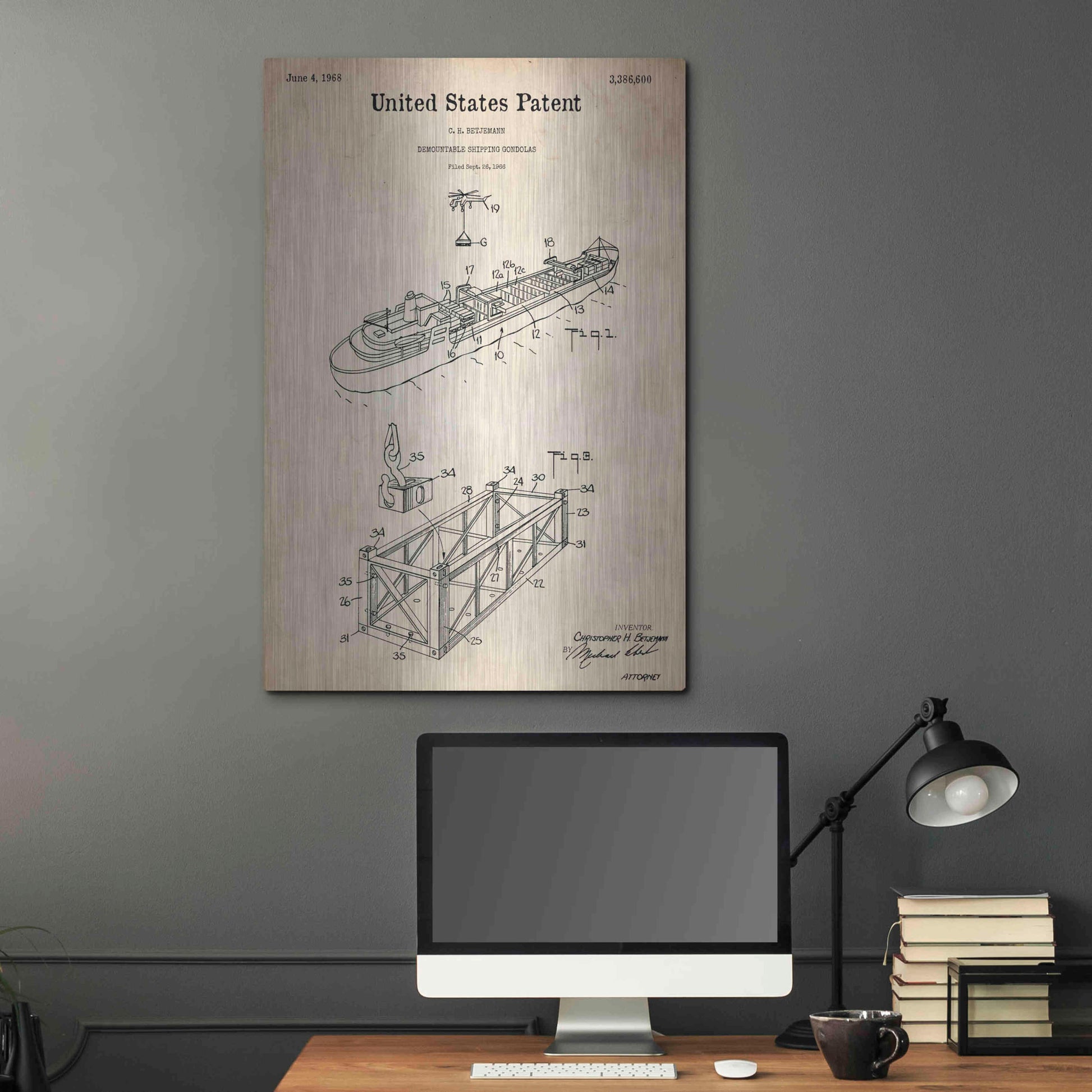 Luxe Metal Art 'Shipping Gondola Blueprint Patent Parchment,' Metal Wall Art,24x36