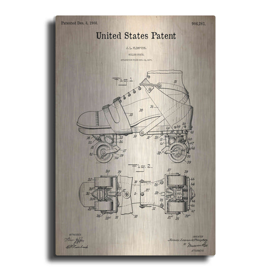 Luxe Metal Art 'Roller Skate Blueprint Patent Parchment,' Metal Wall Art