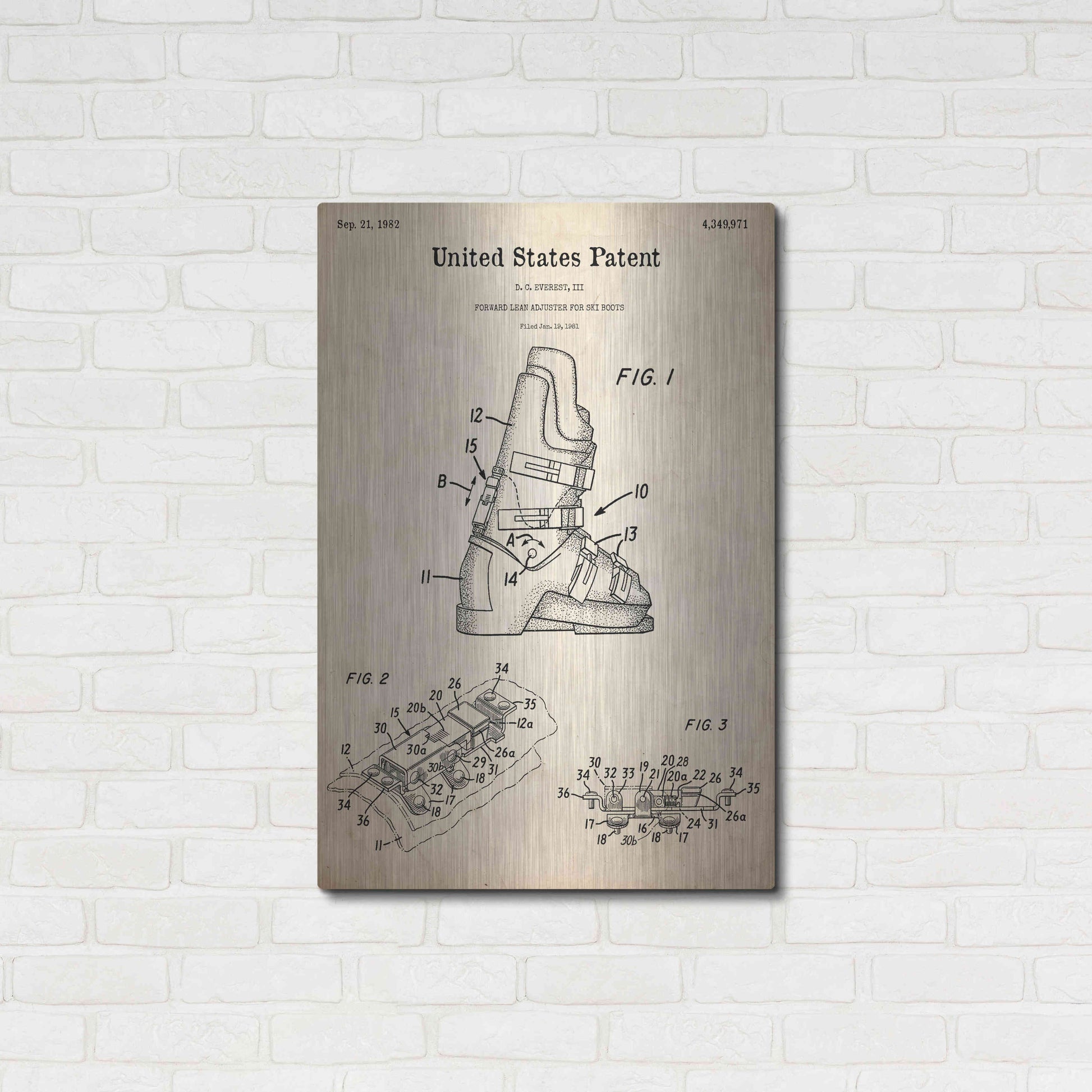 Luxe Metal Art 'Ski Boots Blueprint Patent Parchment,' Metal Wall Art,24x36