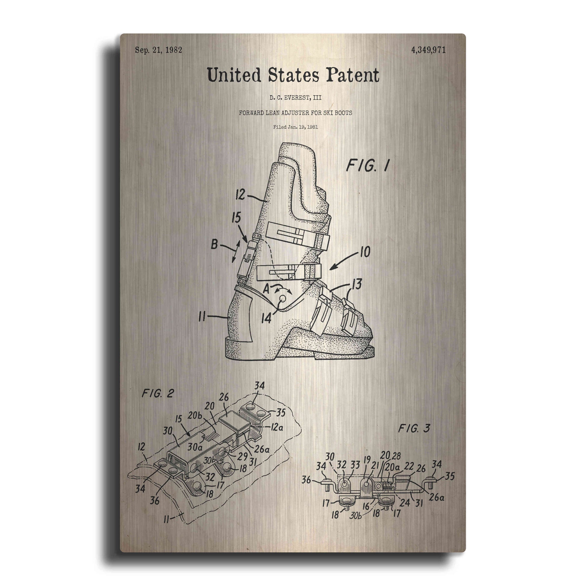 Luxe Metal Art 'Ski Boots Blueprint Patent Parchment,' Metal Wall Art