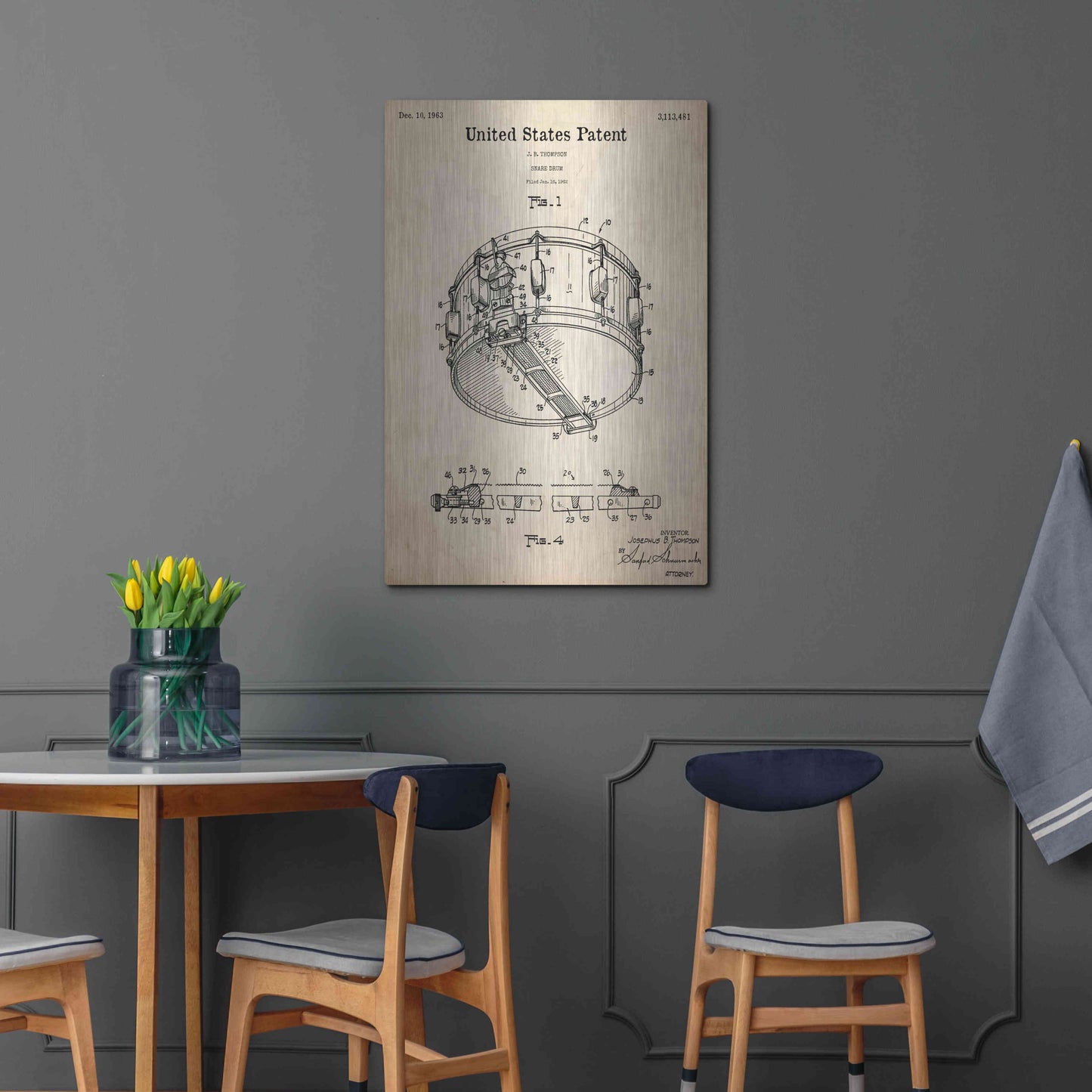 Luxe Metal Art 'Snare Drum Blueprint Patent Parchment,' Metal Wall Art,24x36
