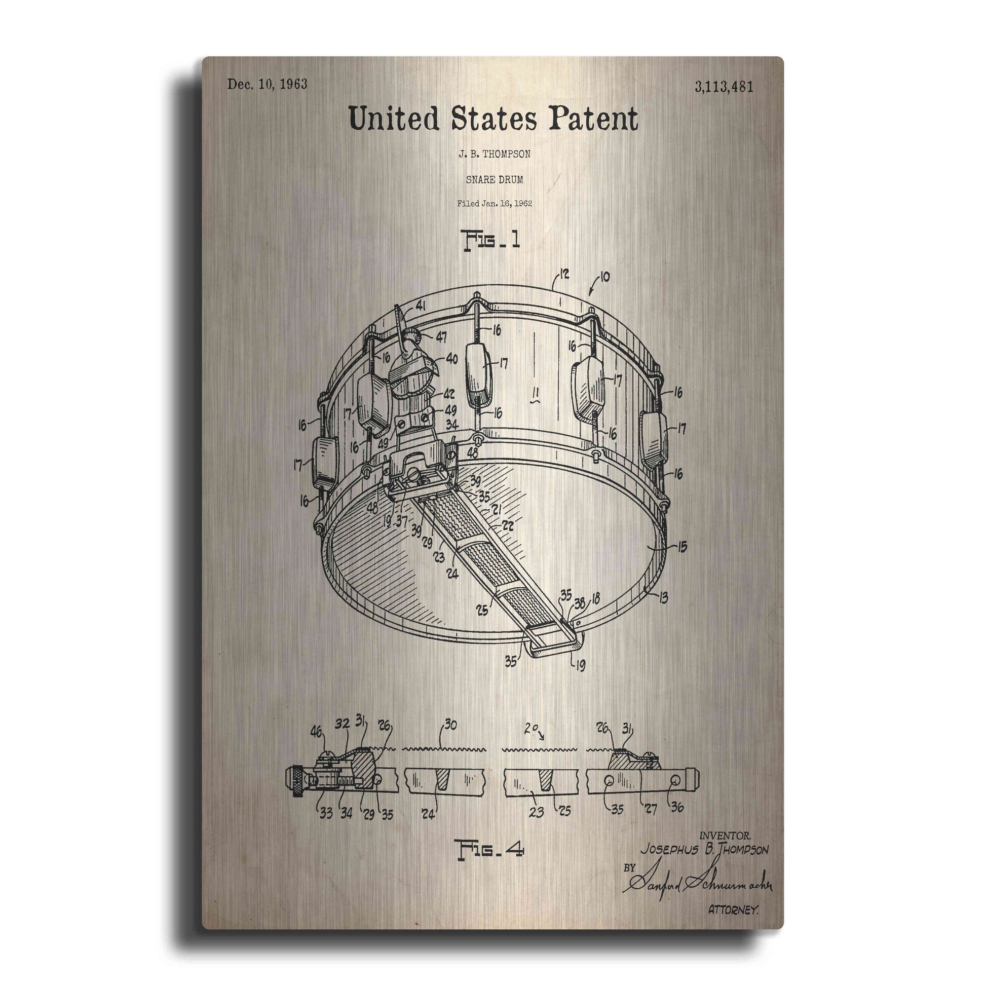 Luxe Metal Art 'Snare Drum Blueprint Patent Parchment,' Metal Wall Art