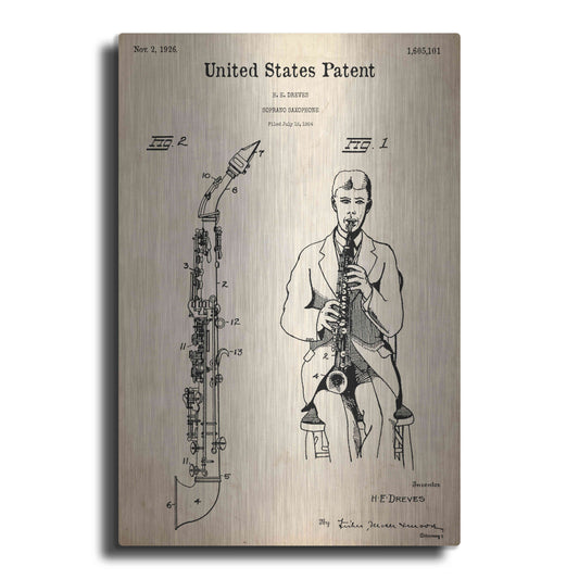 Luxe Metal Art 'Soprano Saxophone Blueprint Patent Parchment,' Metal Wall Art