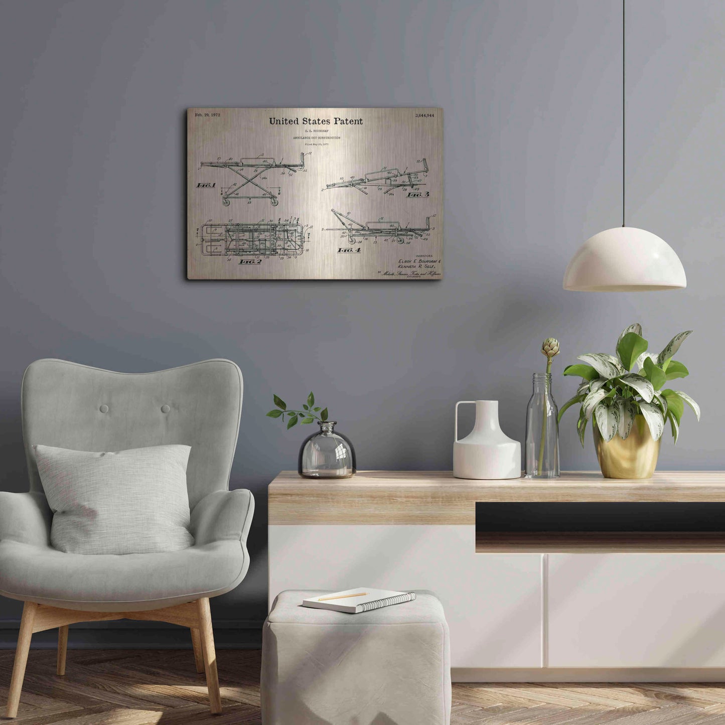 Luxe Metal Art 'EMT Stretcher Blueprint Patent Parchment,' Metal Wall Art,24x16