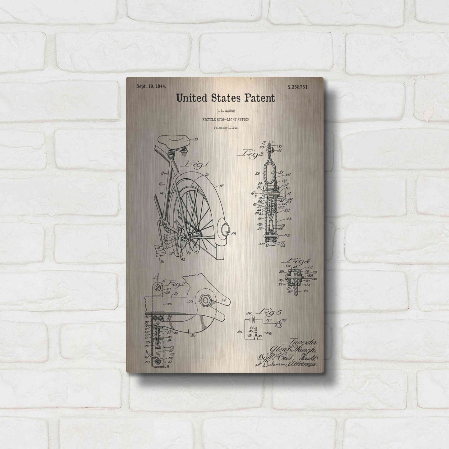 Luxe Metal Art 'Bicycle Stop-light Switch Blueprint Patent Parchment,' Metal Wall Art,12x16