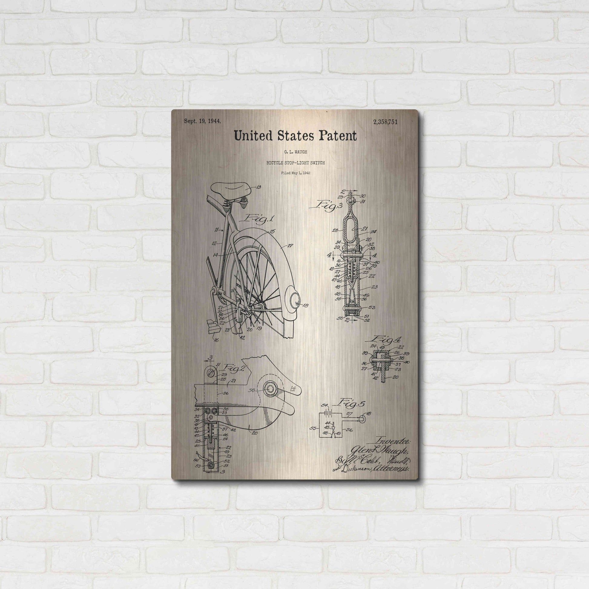 Luxe Metal Art 'Bicycle Stop-light Switch Blueprint Patent Parchment,' Metal Wall Art,24x36