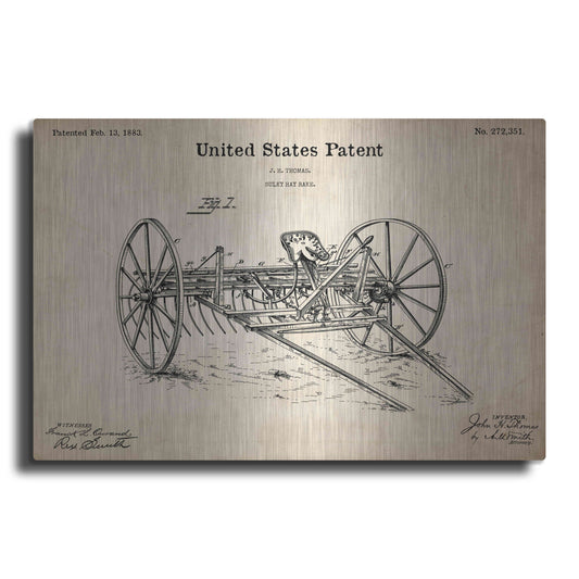 Luxe Metal Art 'Horse Drawn Hay Rake Blueprint Patent Parchment,' Metal Wall Art