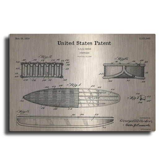 Luxe Metal Art 'Surfboard Blueprint Patent Parchment,' Metal Wall Art