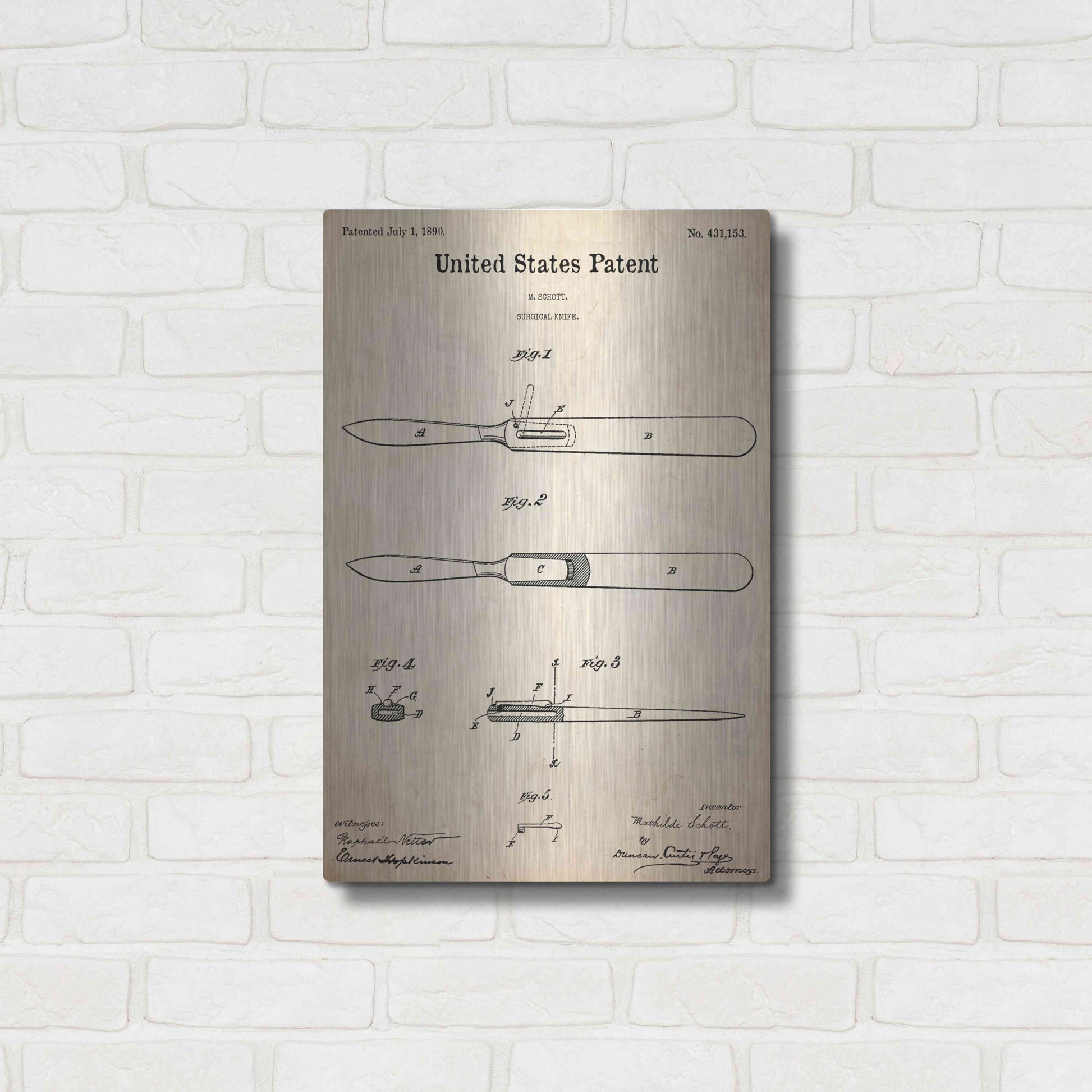 Luxe Metal Art 'Surgical Knife Blueprint Patent Parchment,' Metal Wall Art,16x24