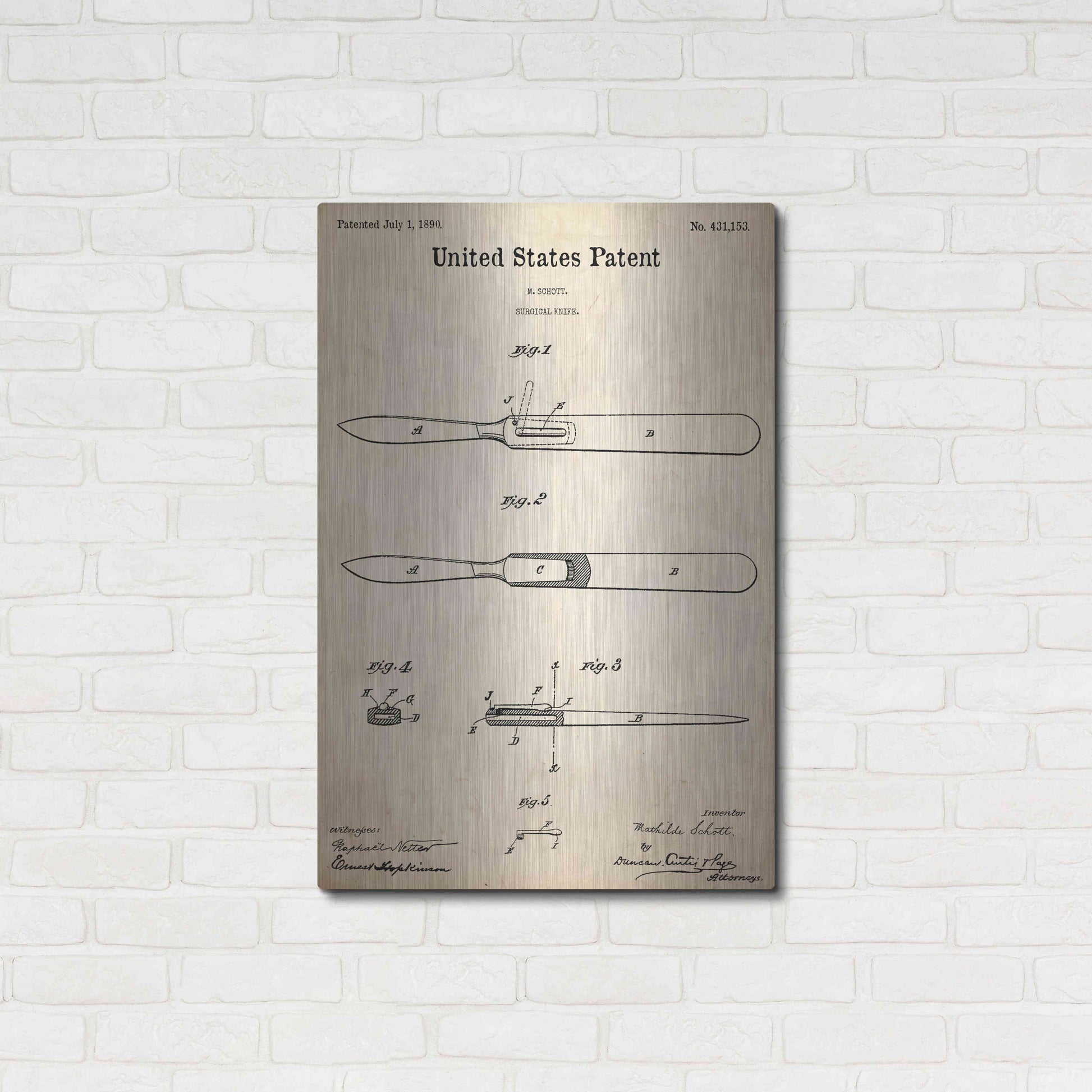 Luxe Metal Art 'Surgical Knife Blueprint Patent Parchment,' Metal Wall Art,24x36