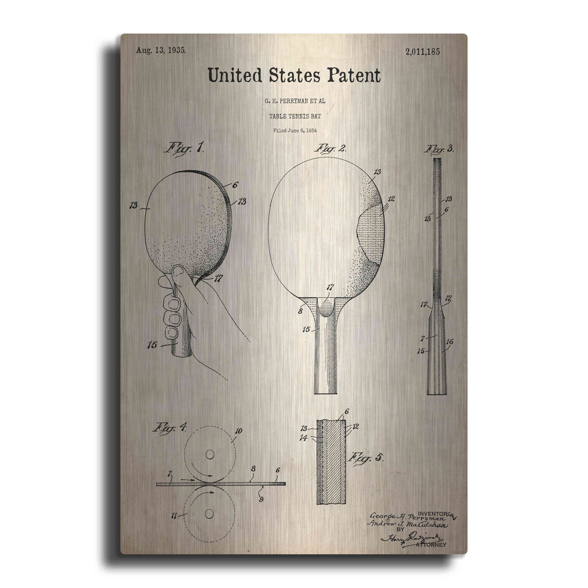 Luxe Metal Art 'Table Tennis Paddle Blueprint Patent Parchment,' Metal Wall Art