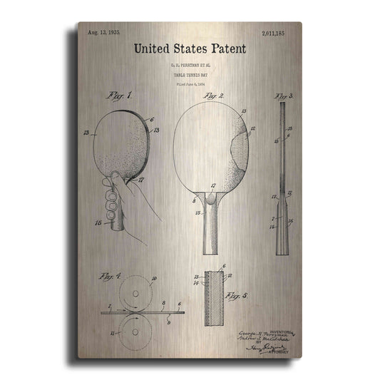 Luxe Metal Art 'Table Tennis Paddle Blueprint Patent Parchment,' Metal Wall Art