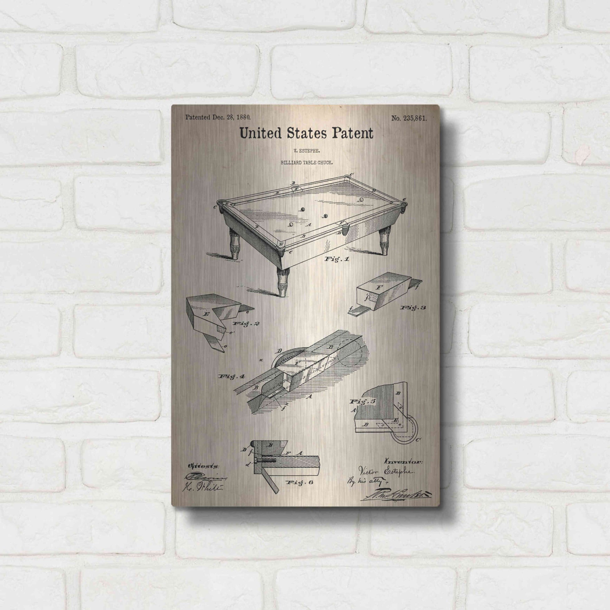 Luxe Metal Art 'Pool Table Blueprint Patent Parchment,' Metal Wall Art,12x16