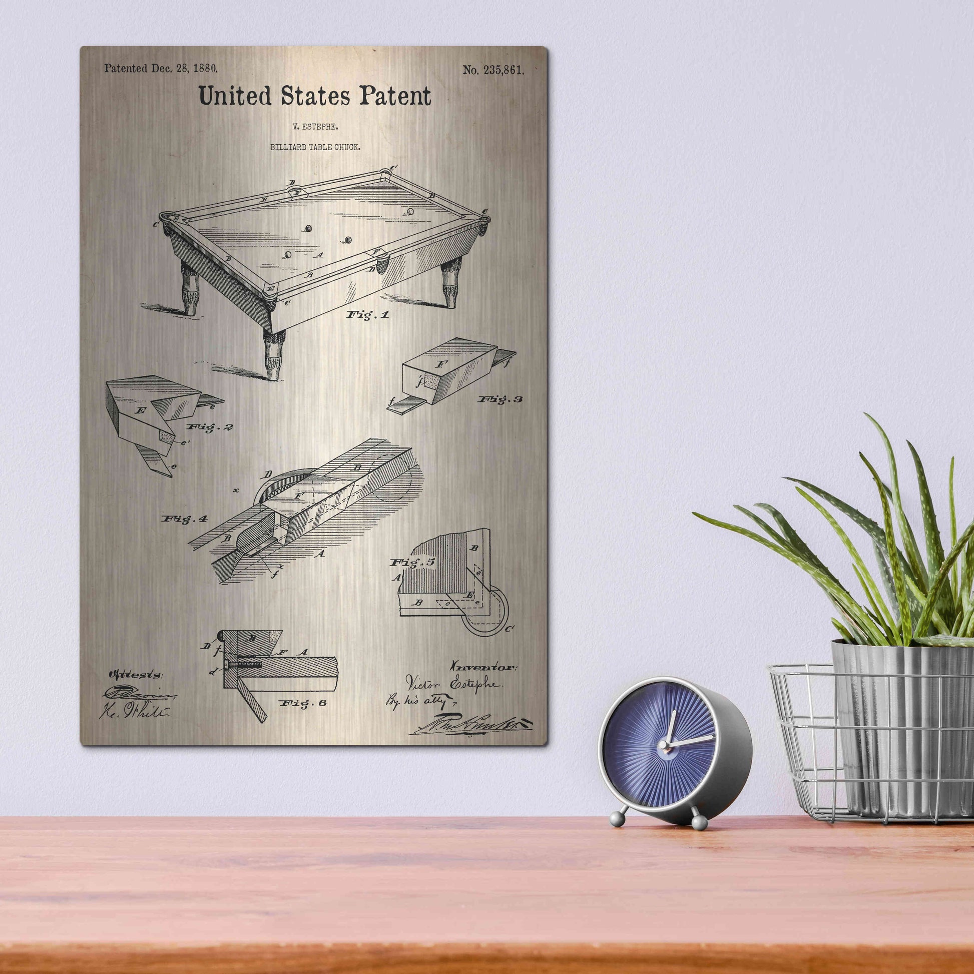 Luxe Metal Art 'Pool Table Blueprint Patent Parchment,' Metal Wall Art,12x16