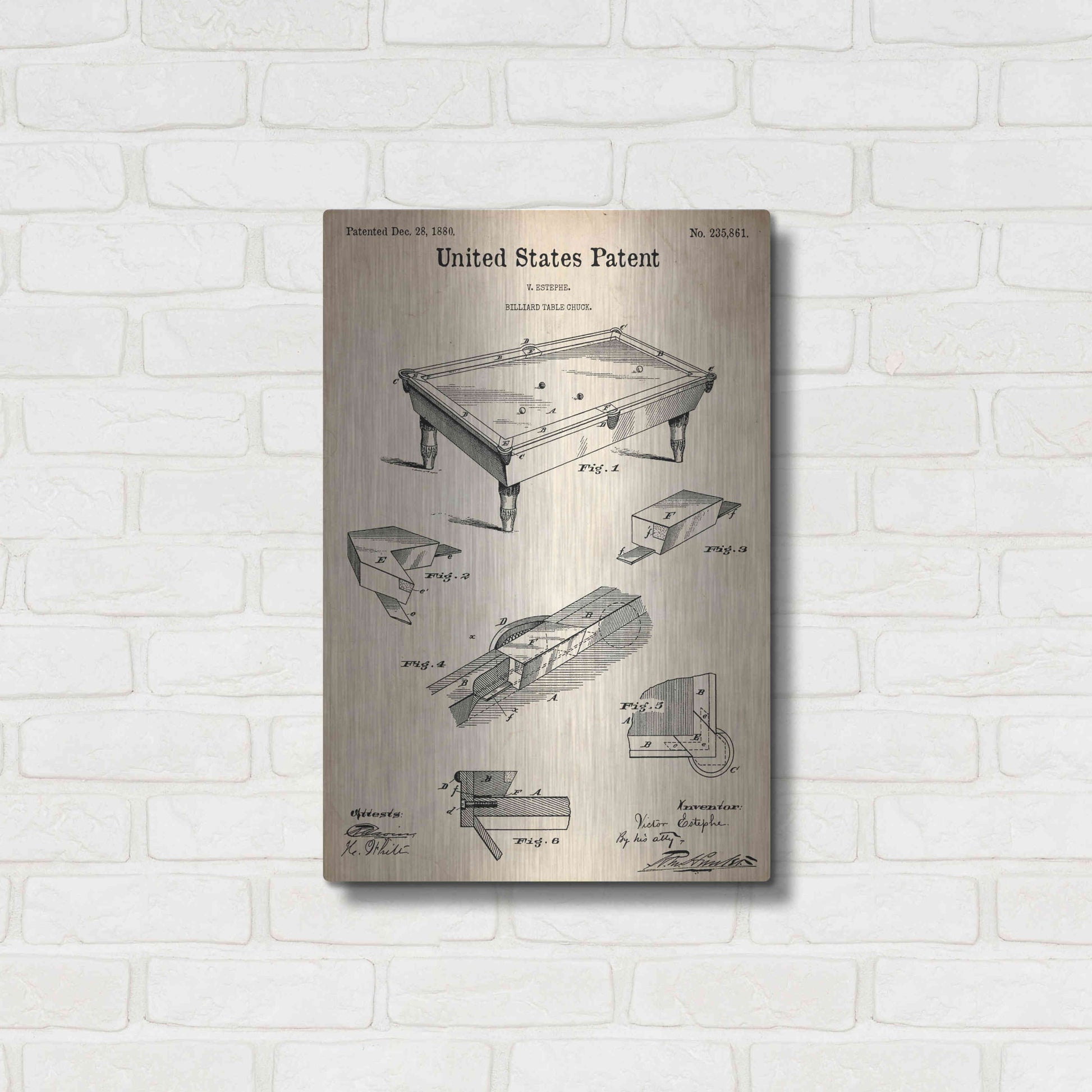 Luxe Metal Art 'Pool Table Blueprint Patent Parchment,' Metal Wall Art,16x24