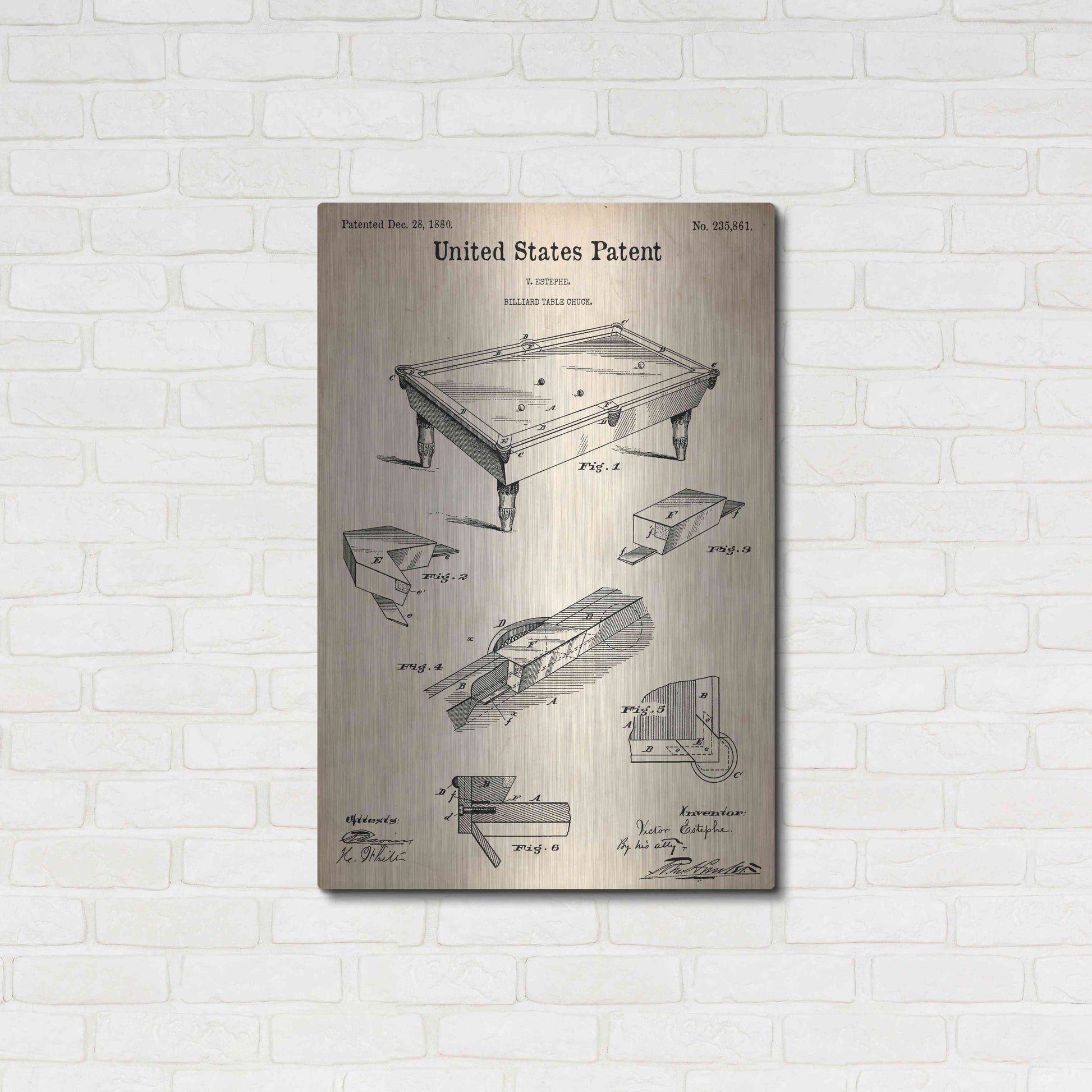 Luxe Metal Art 'Pool Table Blueprint Patent Parchment,' Metal Wall Art,24x36