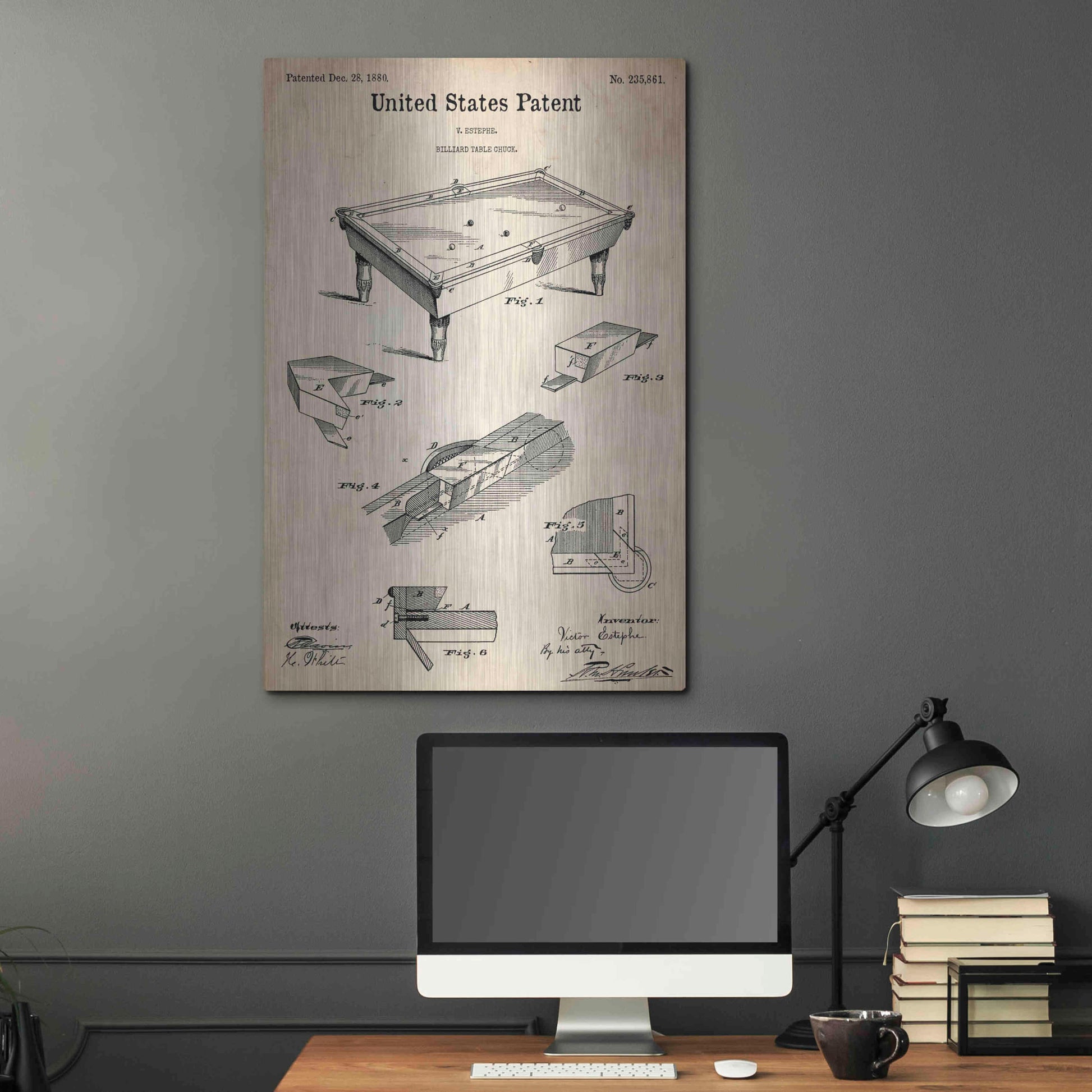 Luxe Metal Art 'Pool Table Blueprint Patent Parchment,' Metal Wall Art,24x36