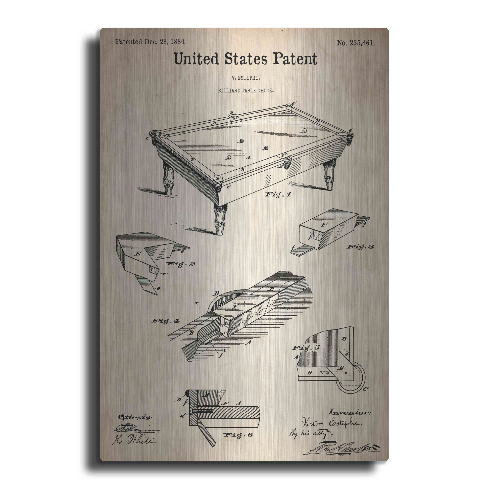 Luxe Metal Art 'Pool Table Blueprint Patent Parchment,' Metal Wall Art