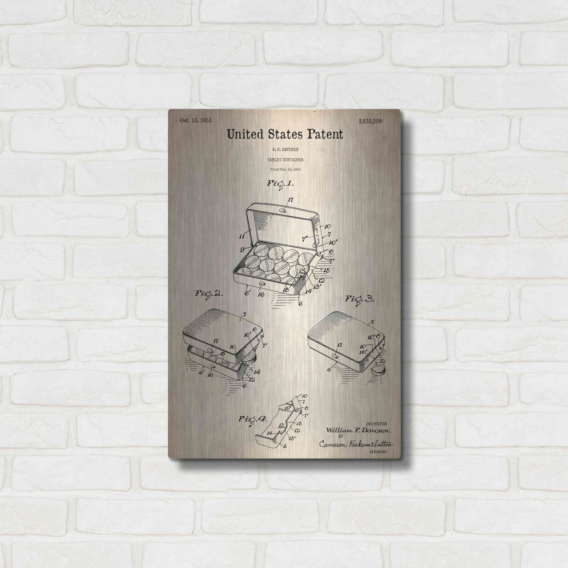 Luxe Metal Art 'Pharmacy Tablet Container Blueprint Patent Parchment,' Metal Wall Art,16x24