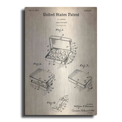 Luxe Metal Art 'Pharmacy Tablet Container Blueprint Patent Parchment,' Metal Wall Art