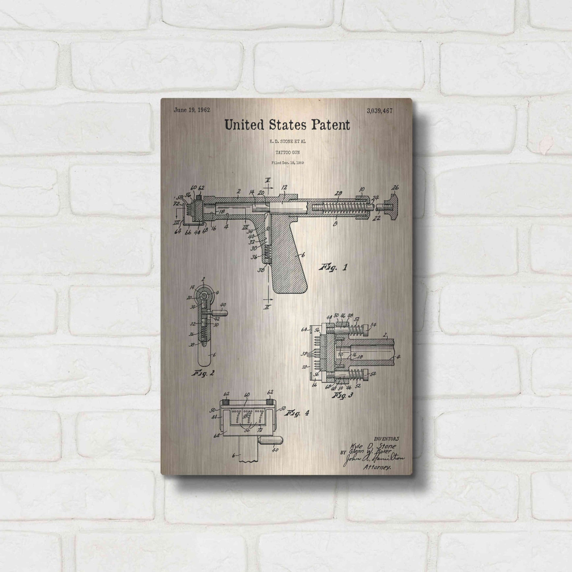 Luxe Metal Art 'Tattoo Gun Blueprint Patent Parchment,' Metal Wall Art,12x16