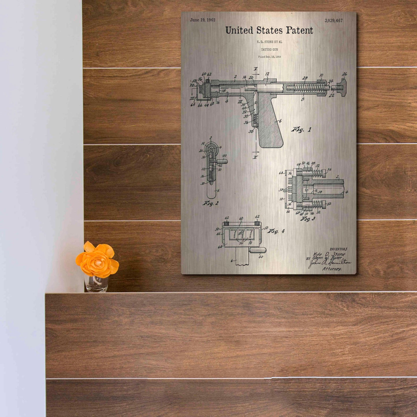 Luxe Metal Art 'Tattoo Gun Blueprint Patent Parchment,' Metal Wall Art,12x16