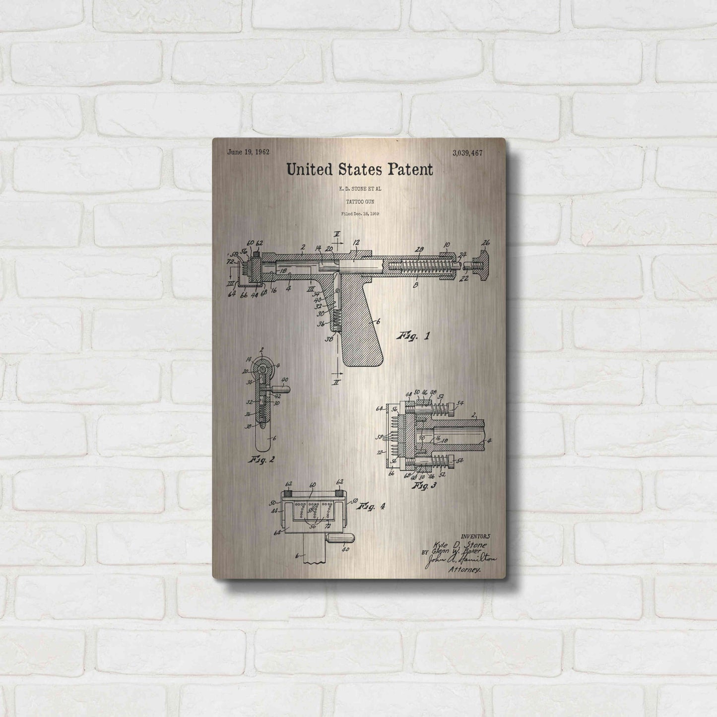 Luxe Metal Art 'Tattoo Gun Blueprint Patent Parchment,' Metal Wall Art,16x24