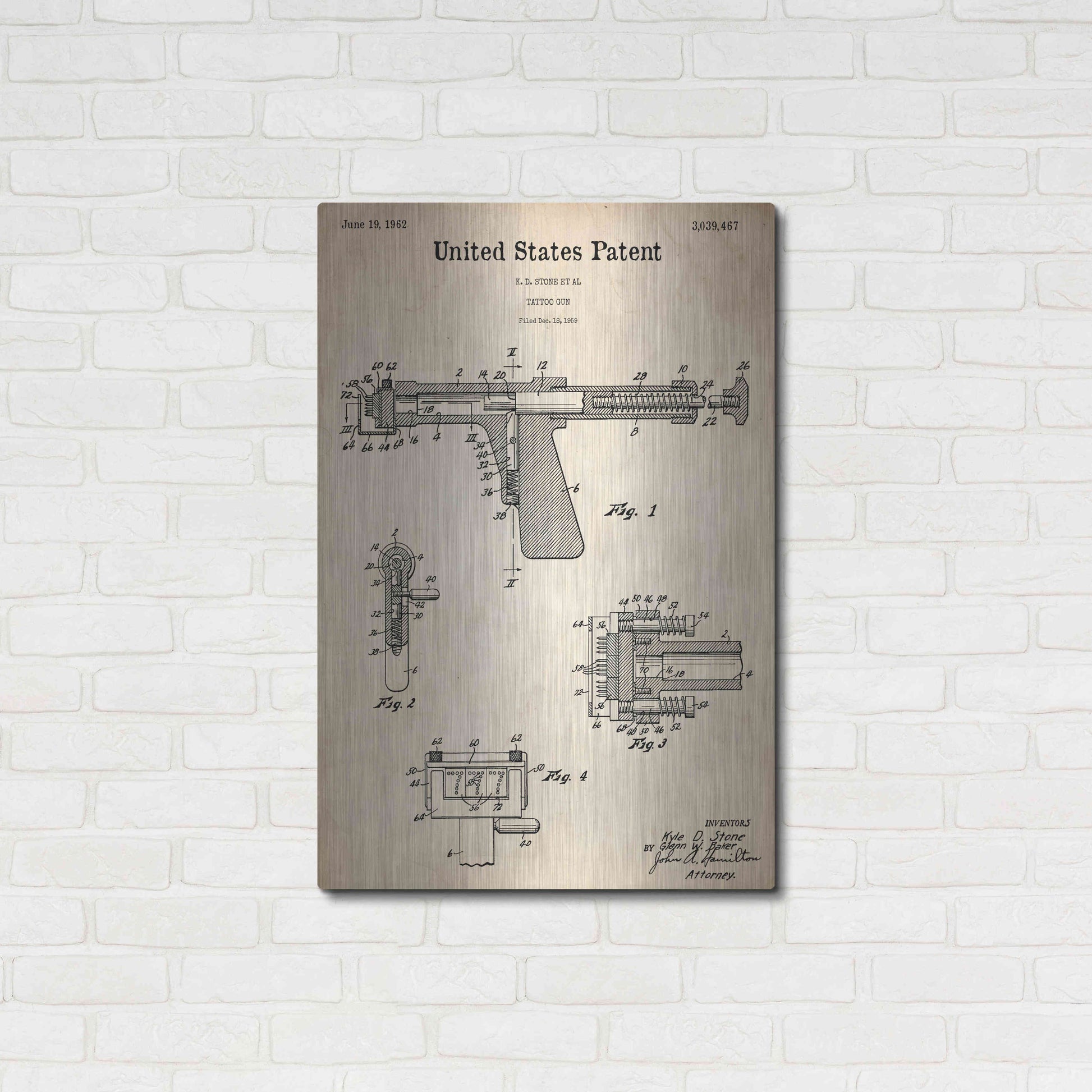 Luxe Metal Art 'Tattoo Gun Blueprint Patent Parchment,' Metal Wall Art,24x36