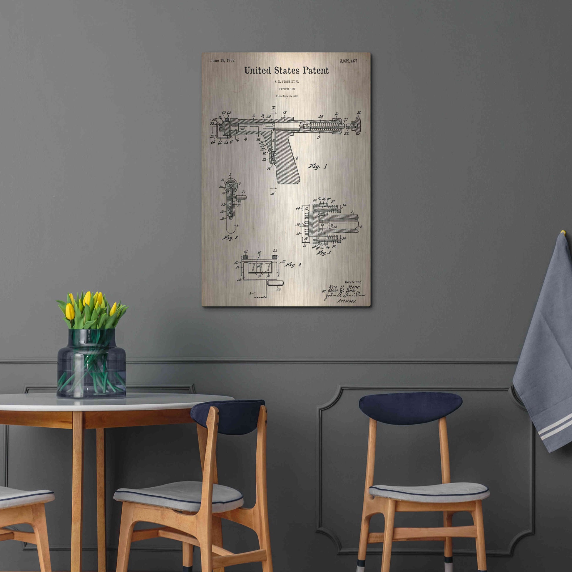 Luxe Metal Art 'Tattoo Gun Blueprint Patent Parchment,' Metal Wall Art,24x36