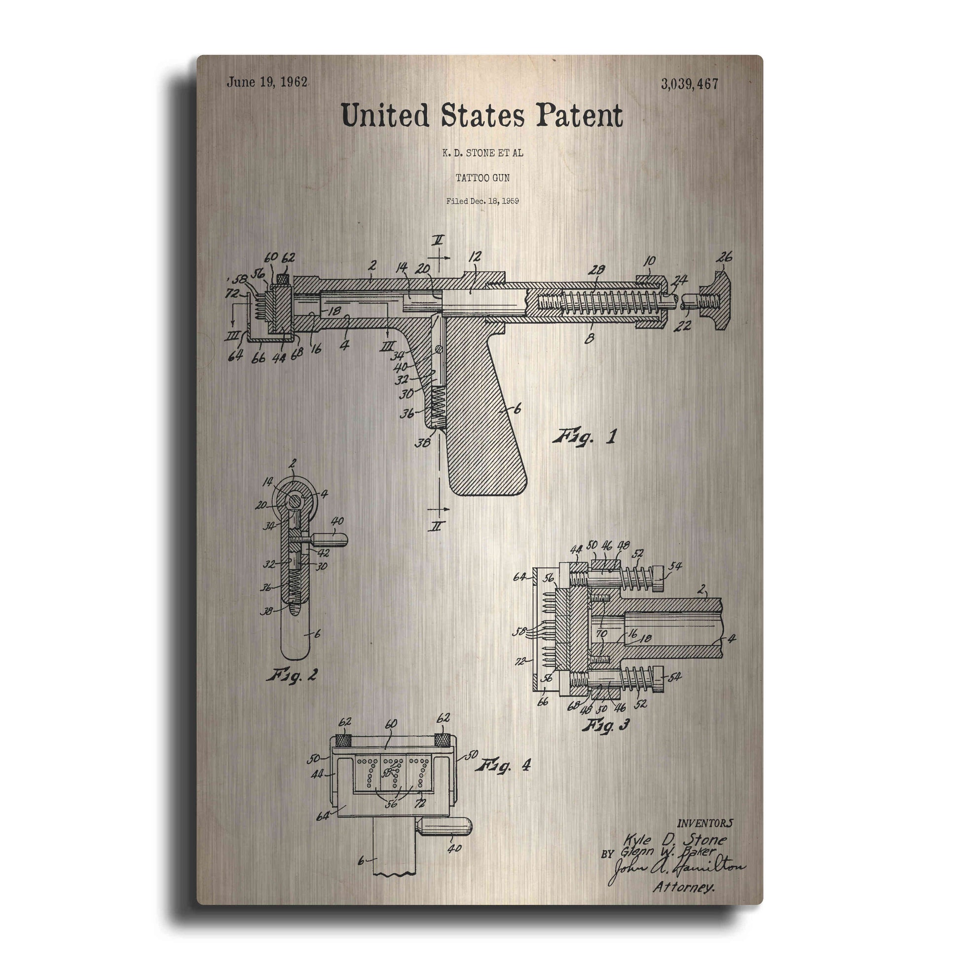 Luxe Metal Art 'Tattoo Gun Blueprint Patent Parchment,' Metal Wall Art