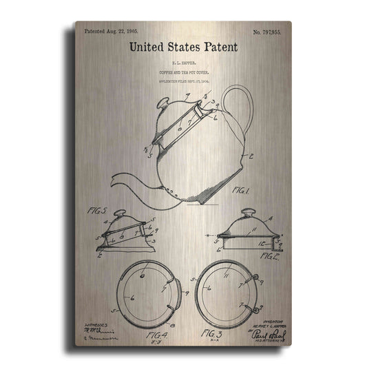 Luxe Metal Art 'Tea Pot Cover Blueprint Patent Parchment,' Metal Wall Art