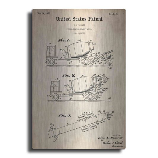 Luxe Metal Art 'Truck Trailer Transit Mixer Blueprint Patent Parchment,' Metal Wall Art