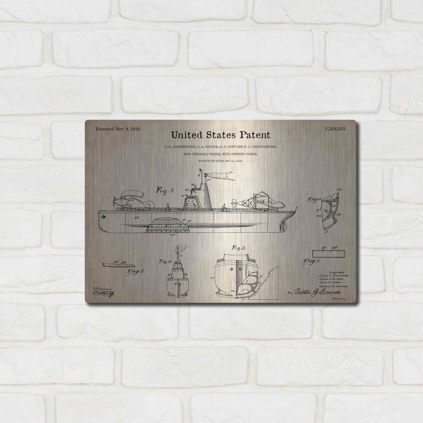 Luxe Metal Art 'Non-Sinkable Vessel Blueprint Patent Parchment,' Metal Wall Art,16x12