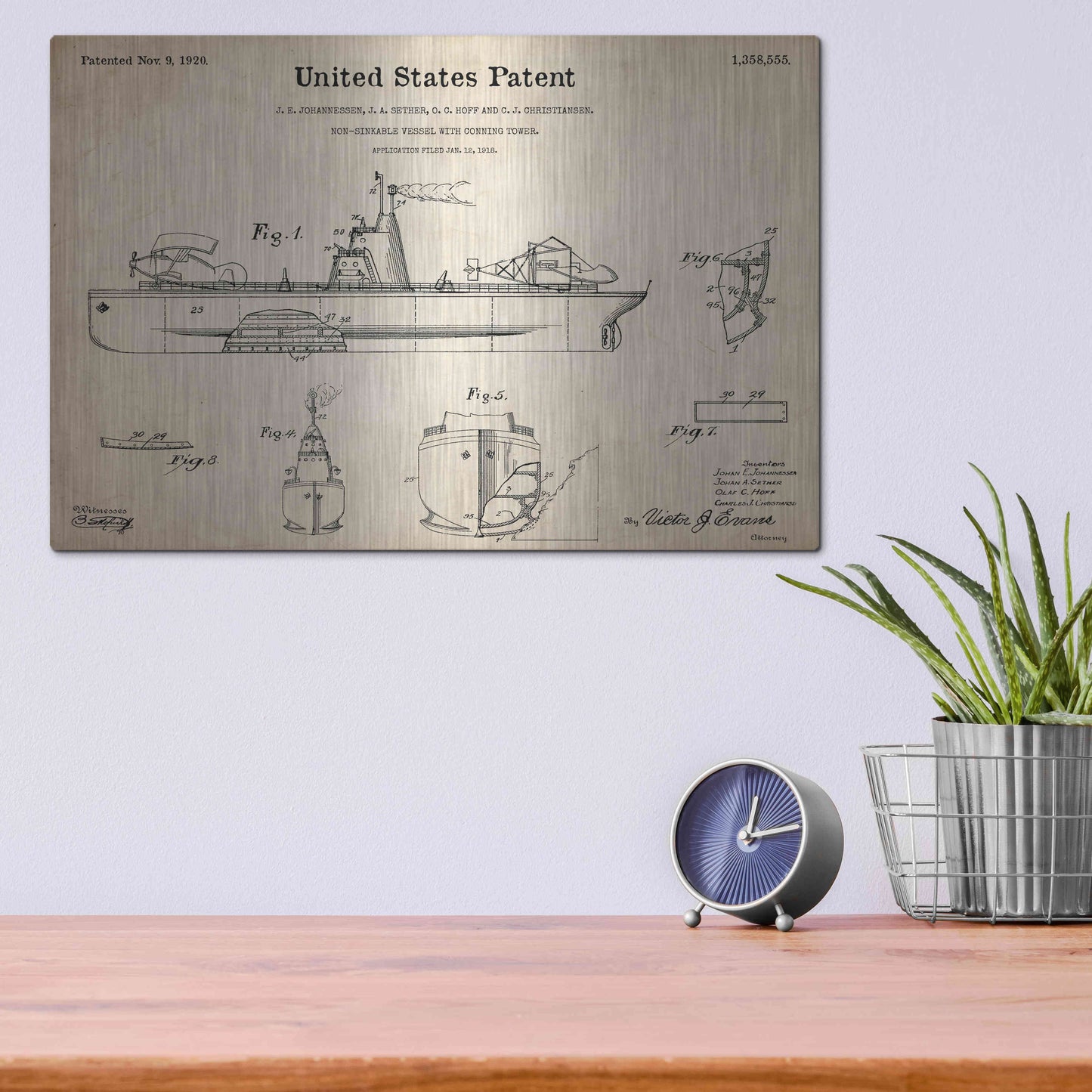 Luxe Metal Art 'Non-Sinkable Vessel Blueprint Patent Parchment,' Metal Wall Art,16x12