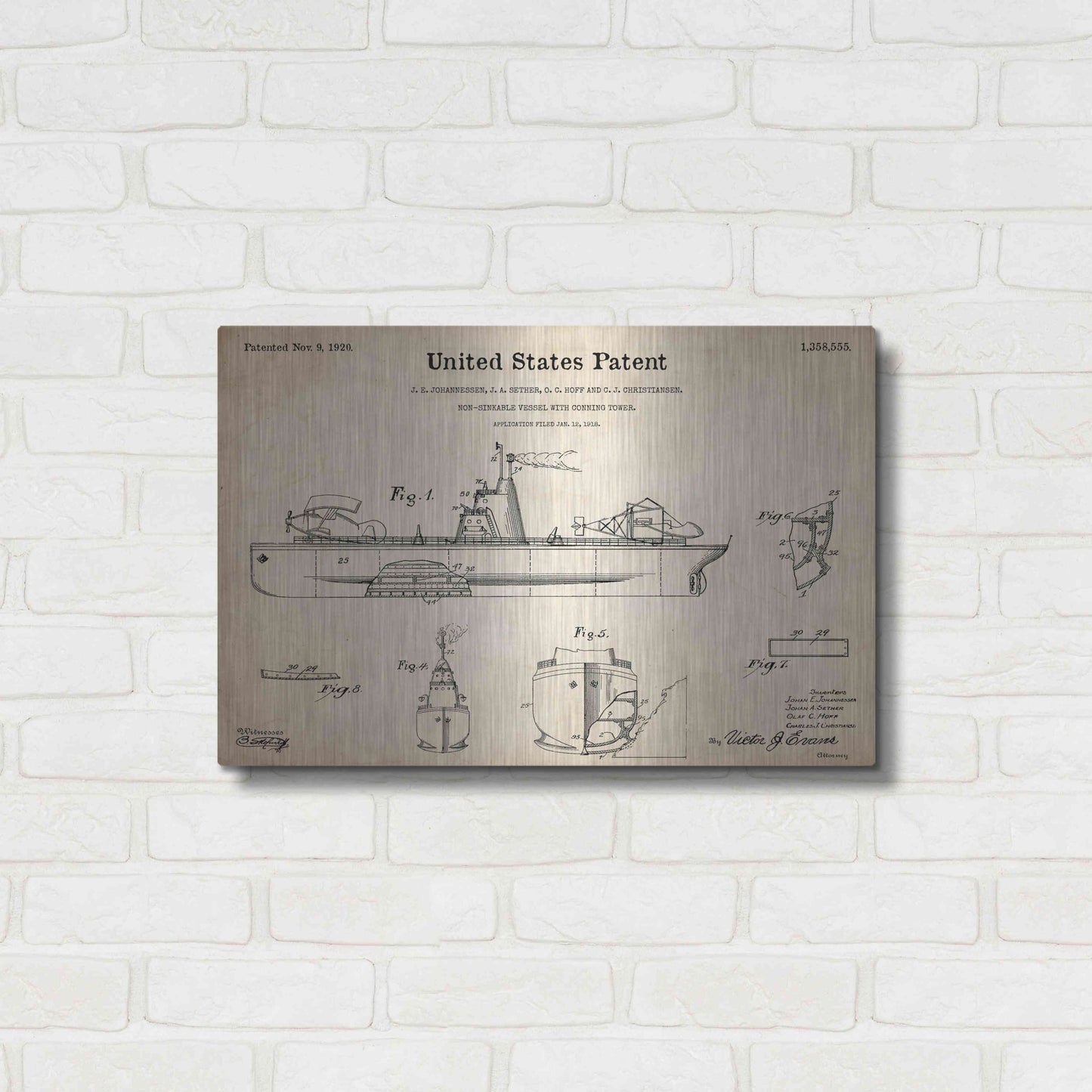 Luxe Metal Art 'Non-Sinkable Vessel Blueprint Patent Parchment,' Metal Wall Art,24x16