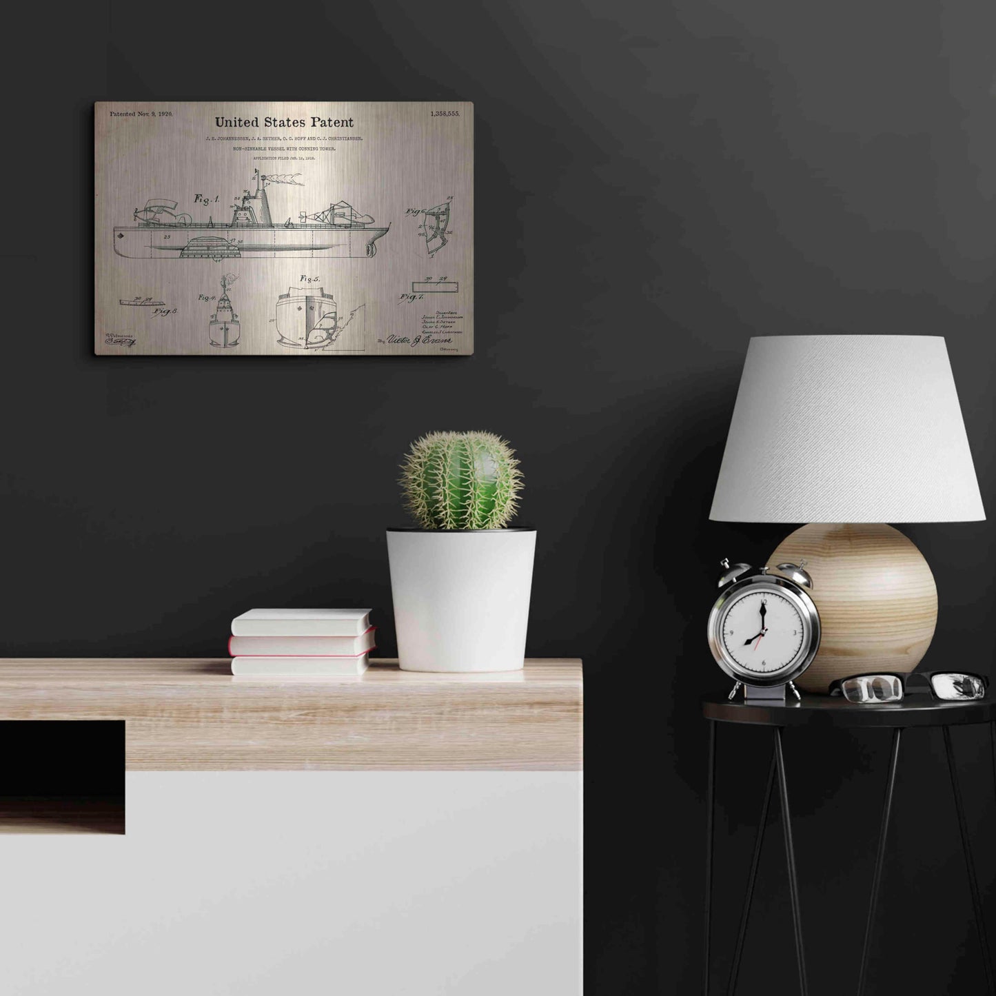 Luxe Metal Art 'Non-Sinkable Vessel Blueprint Patent Parchment,' Metal Wall Art,24x16