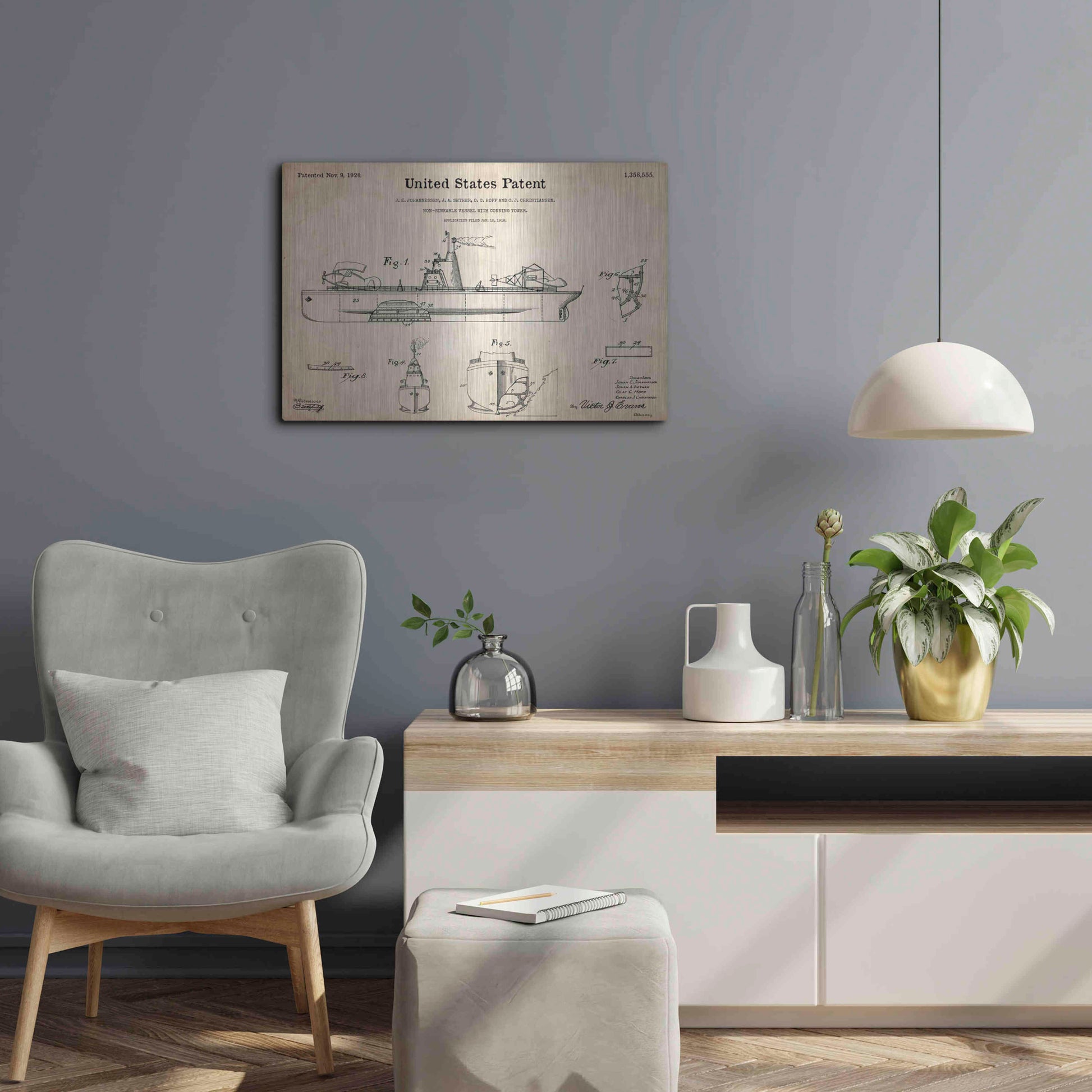 Luxe Metal Art 'Non-Sinkable Vessel Blueprint Patent Parchment,' Metal Wall Art,24x16