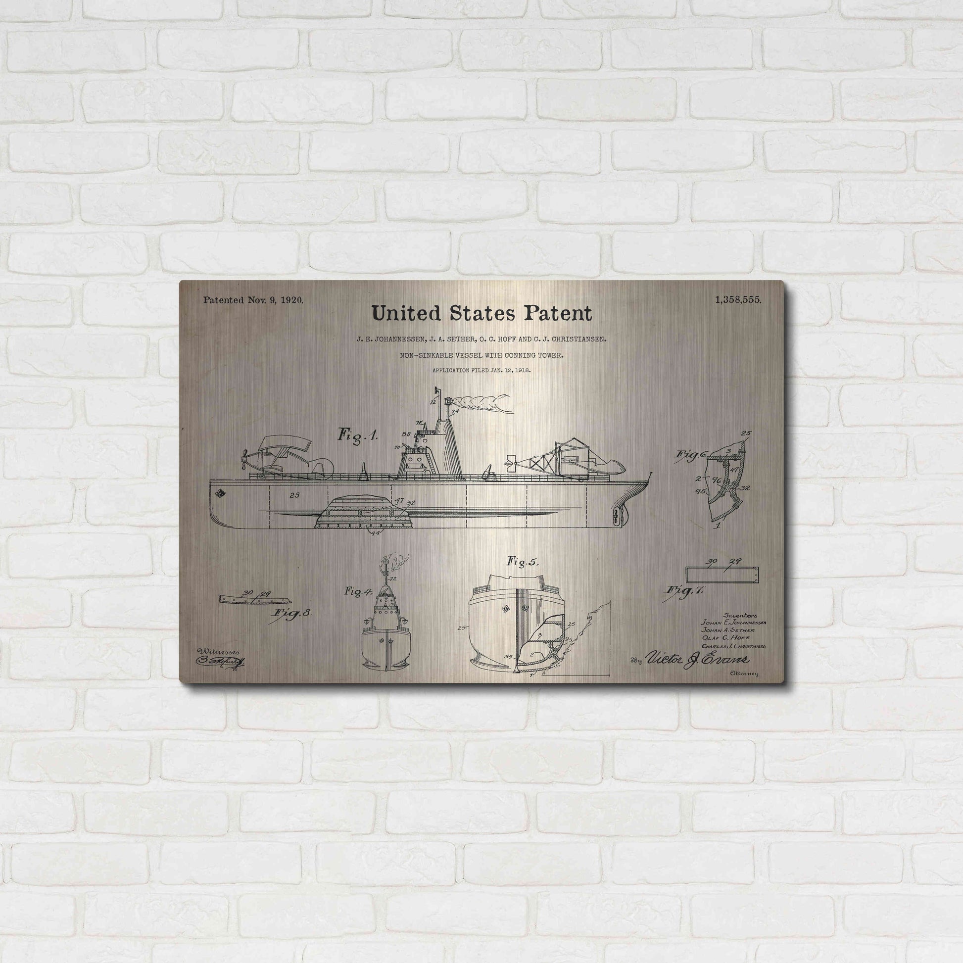 Luxe Metal Art 'Non-Sinkable Vessel Blueprint Patent Parchment,' Metal Wall Art,36x24