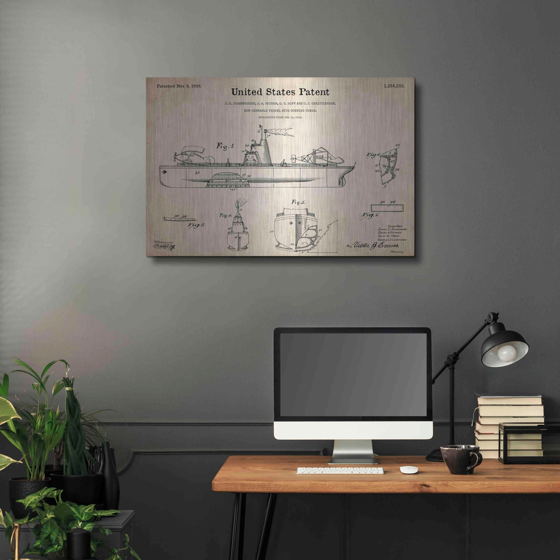 Luxe Metal Art 'Non-Sinkable Vessel Blueprint Patent Parchment,' Metal Wall Art,36x24